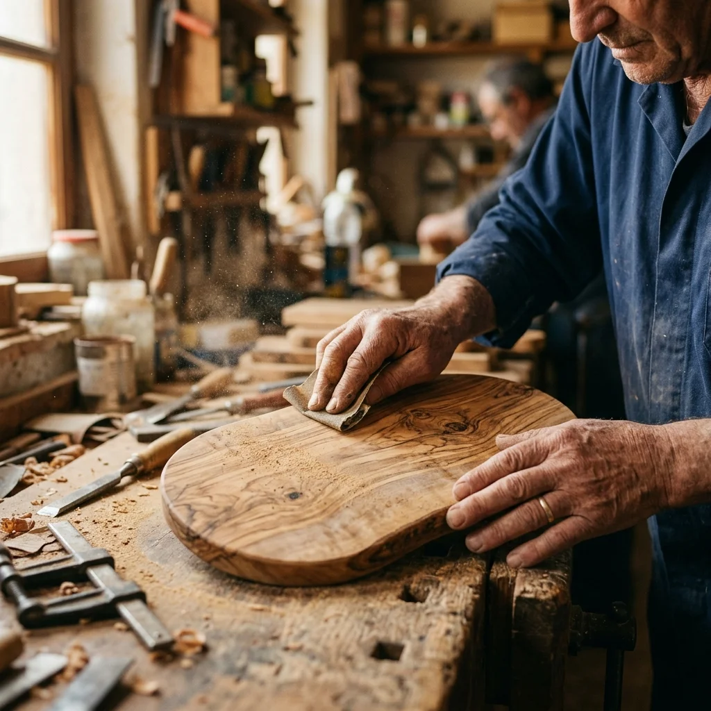 Artigiano qualificato che intaglia a mano legno di ulivo nel laboratorio
