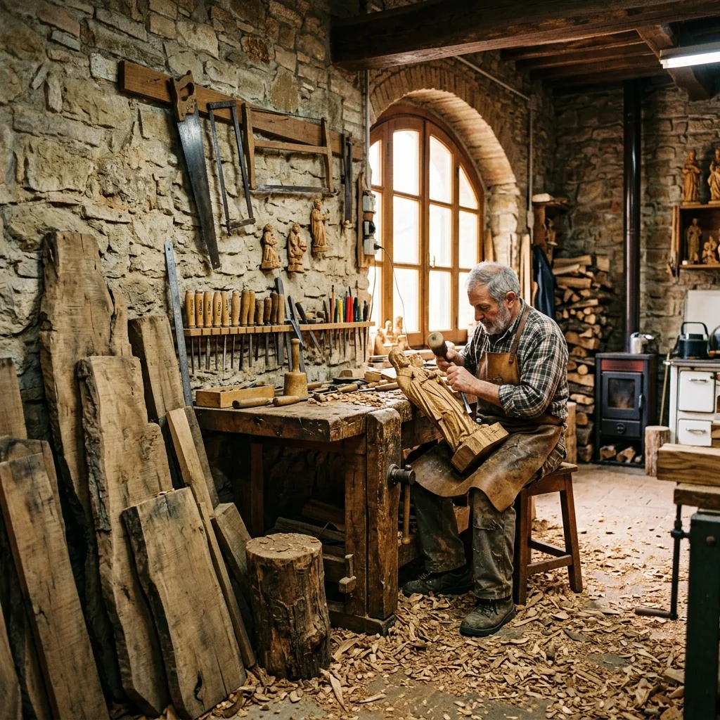 Officina e ceppi di legno di ulivo a Spello