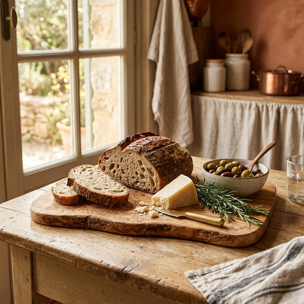 Tagliere rustico in olistico legno di ulivo su tavolo da cucina con cibo fresco mediterraneo