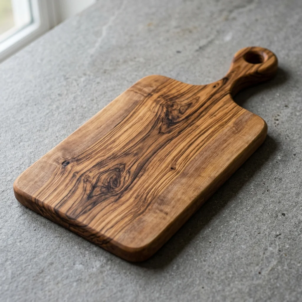 Dettaglio finitura tagliere in legno di ulivo classico