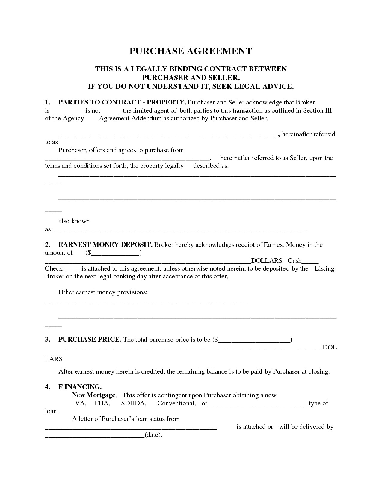 008 Simple Real Estate Purchase Agreement Form Printable Home Free - Free Printable Real Estate Purchase Agreement