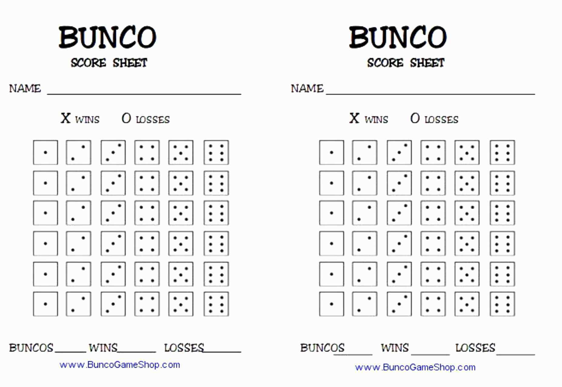 Bunco score sheets free printable