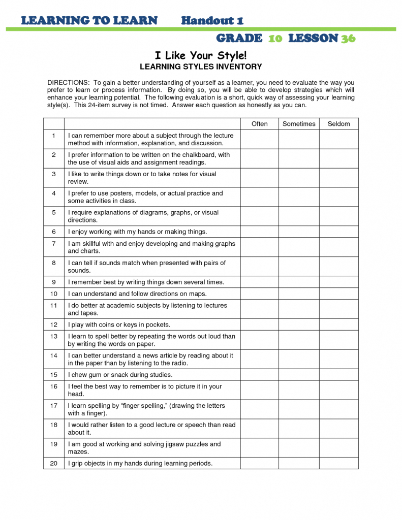 15 Best Images Of Learning Styles Worksheet Printable - Printable - Free Printable Learning Styles Questionnaire