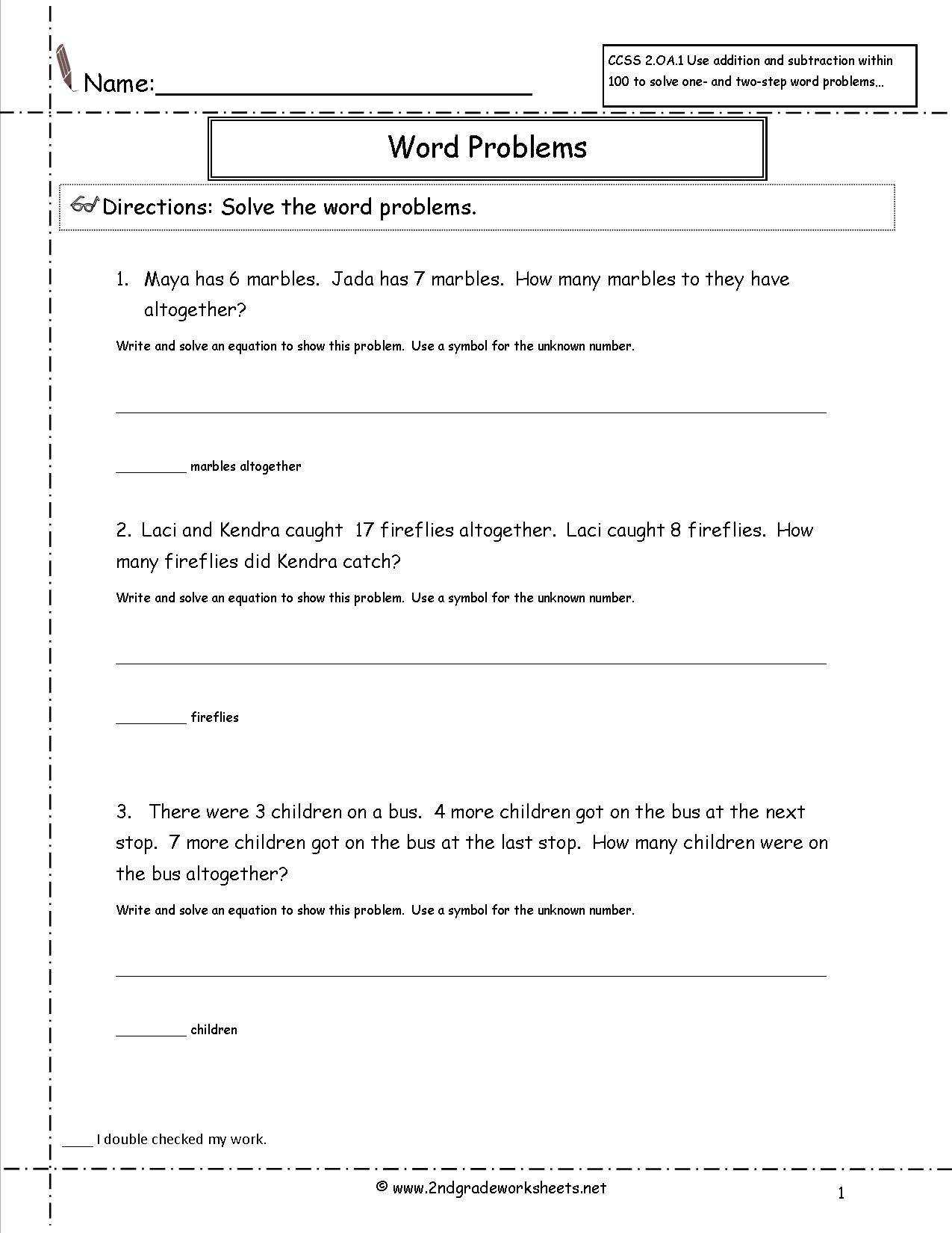 2Nd Grade Math Common Core State Standards Worksheets - Free Printable Math Word Problems