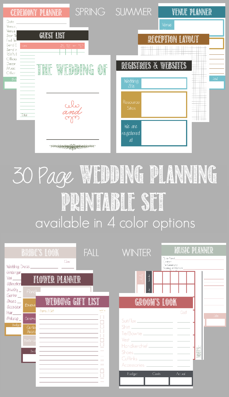 30 Page Wedding Planning Printable Set (Available In 4 Color Options - Free Printable Wedding Planner Book