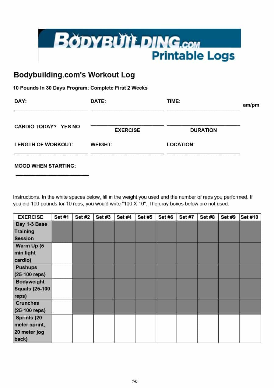 40+ Effective Workout Log &amp;amp; Calendar Templates - Template Lab - Free Printable Workout Log Sheets