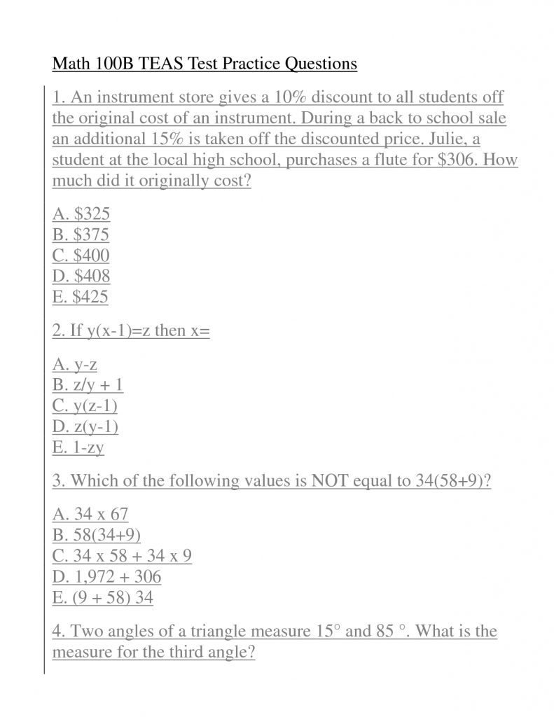 teas math practice test pdf