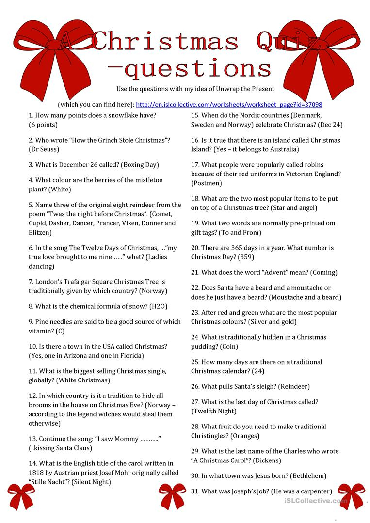 A Christmas Quiz Questions Worksheet - Free Esl Printable Worksheets - Free Christmas Picture Quiz Questions And Answers Printable