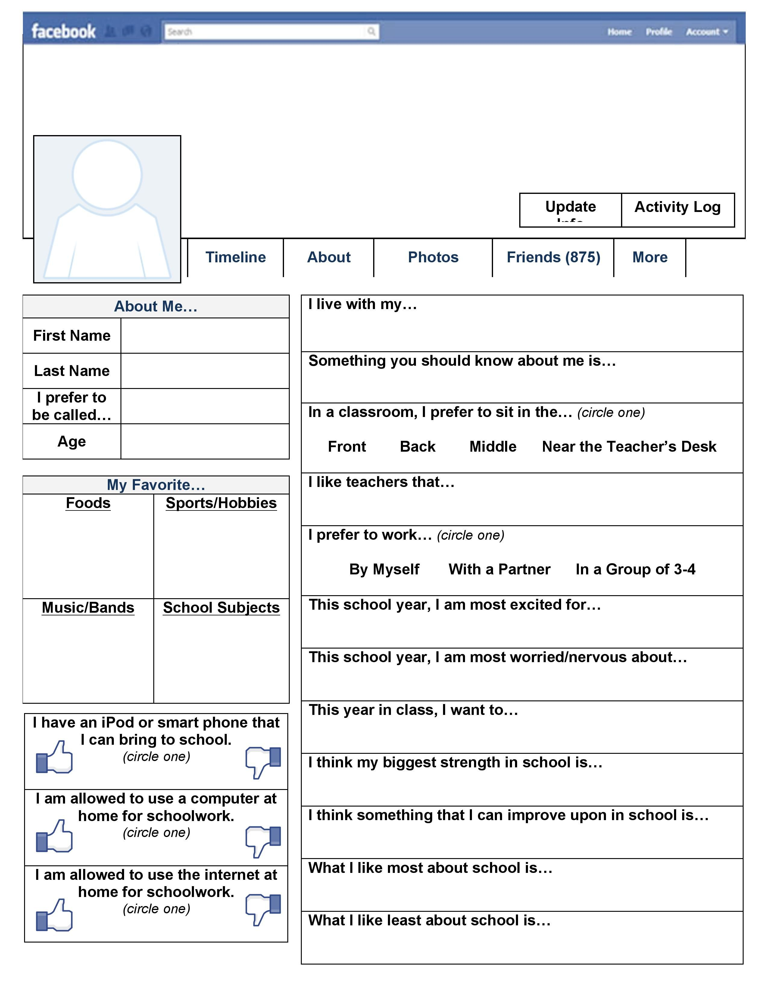 A Free Printable &amp;quot;facebook&amp;quot; Page To Use On The First Day Of School - Free Printable Esl Worksheets For High School
