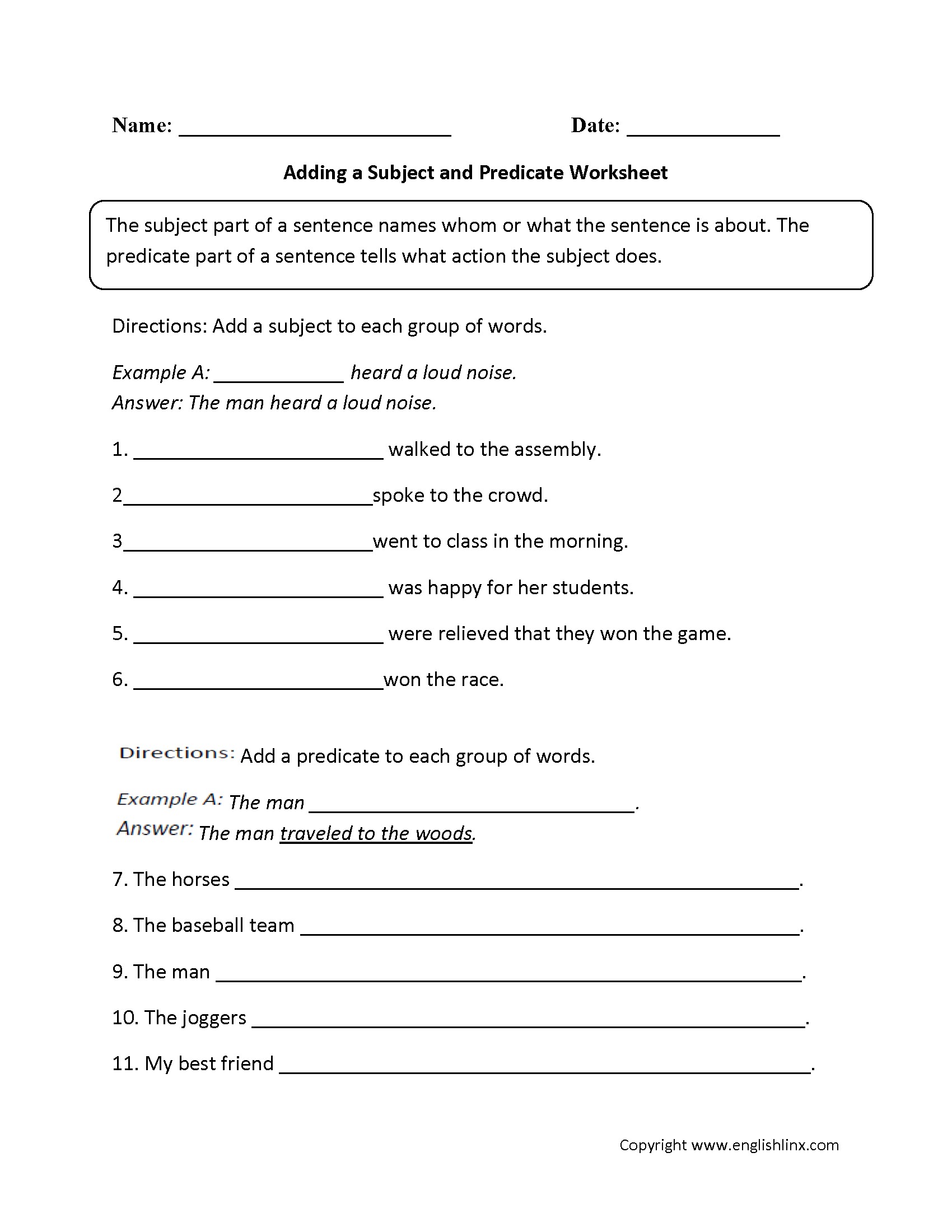 Adding A Subject And Predicate Worksheet | Englishlinx Board - Free Printable Subject Predicate Worksheets 2Nd Grade