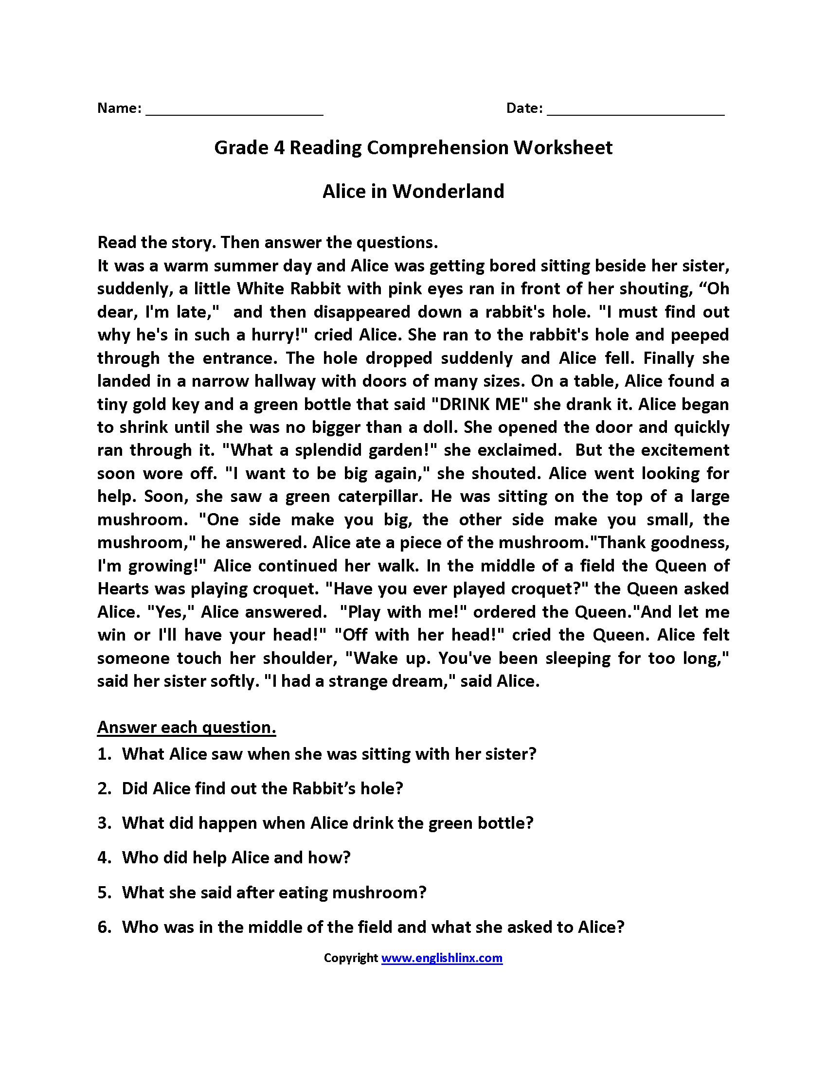 Alice In Wonderland Fourth Grade Reading Worksheets | Esl - Free Printable 4Th Grade Reading Worksheets