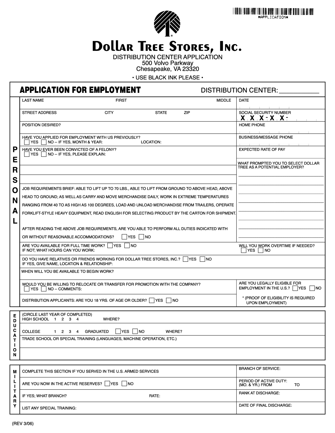 Application: Dollar Tree Application Form - Free Printable Dollar Tree Application Form