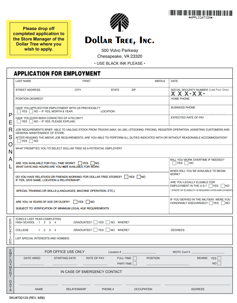 Application: Free Printable Dollar Tree Application Form. Dollar - Free Printable Dollar Tree Application Form