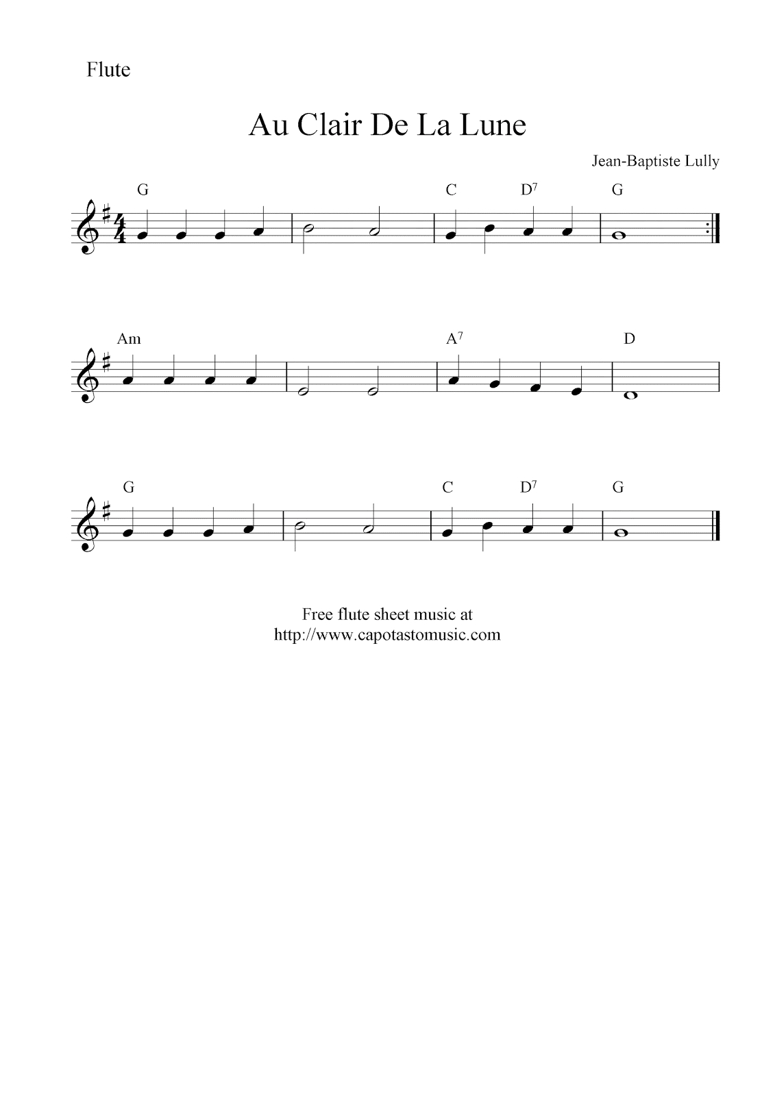 Au Clair De La Lune, Free Flute Sheet Music Notes - Free Printable Flute Music