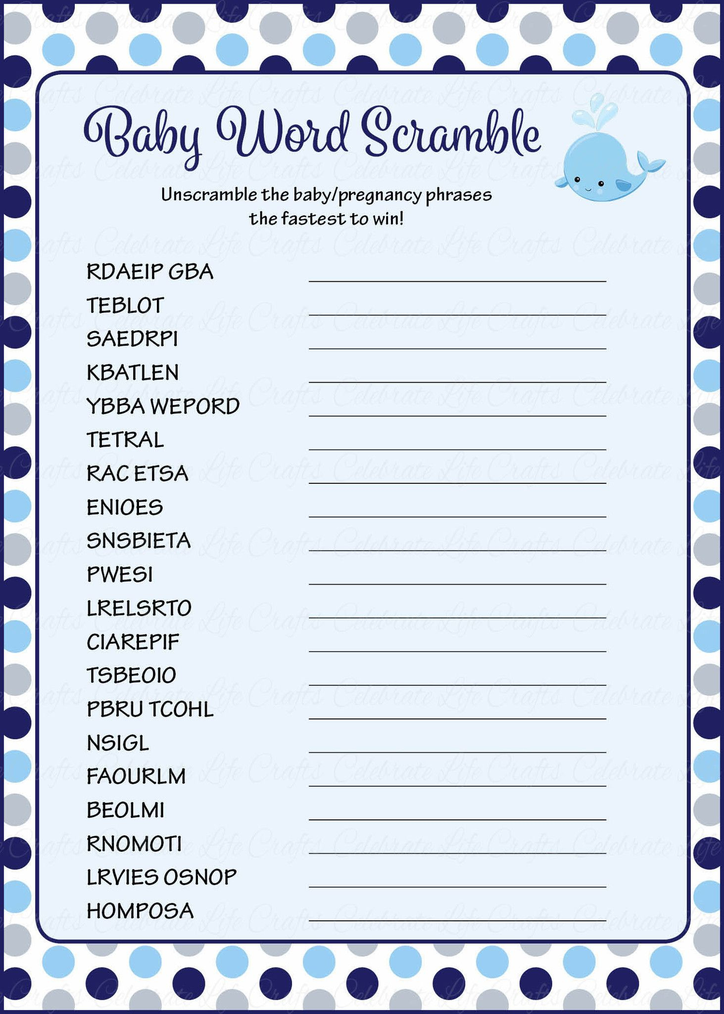 Baby Word Scramble - Printable Download - Navy Gray Whale Baby - Free Printable Baby Shower Games Word Scramble