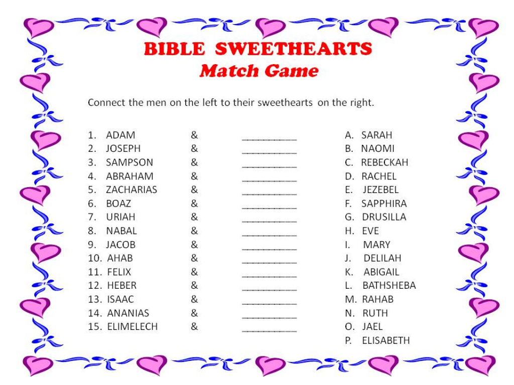 Bible Sweethearts Match Game - Pinson Baptist Church Pertaining To - Free Printable Bible Games For Youth