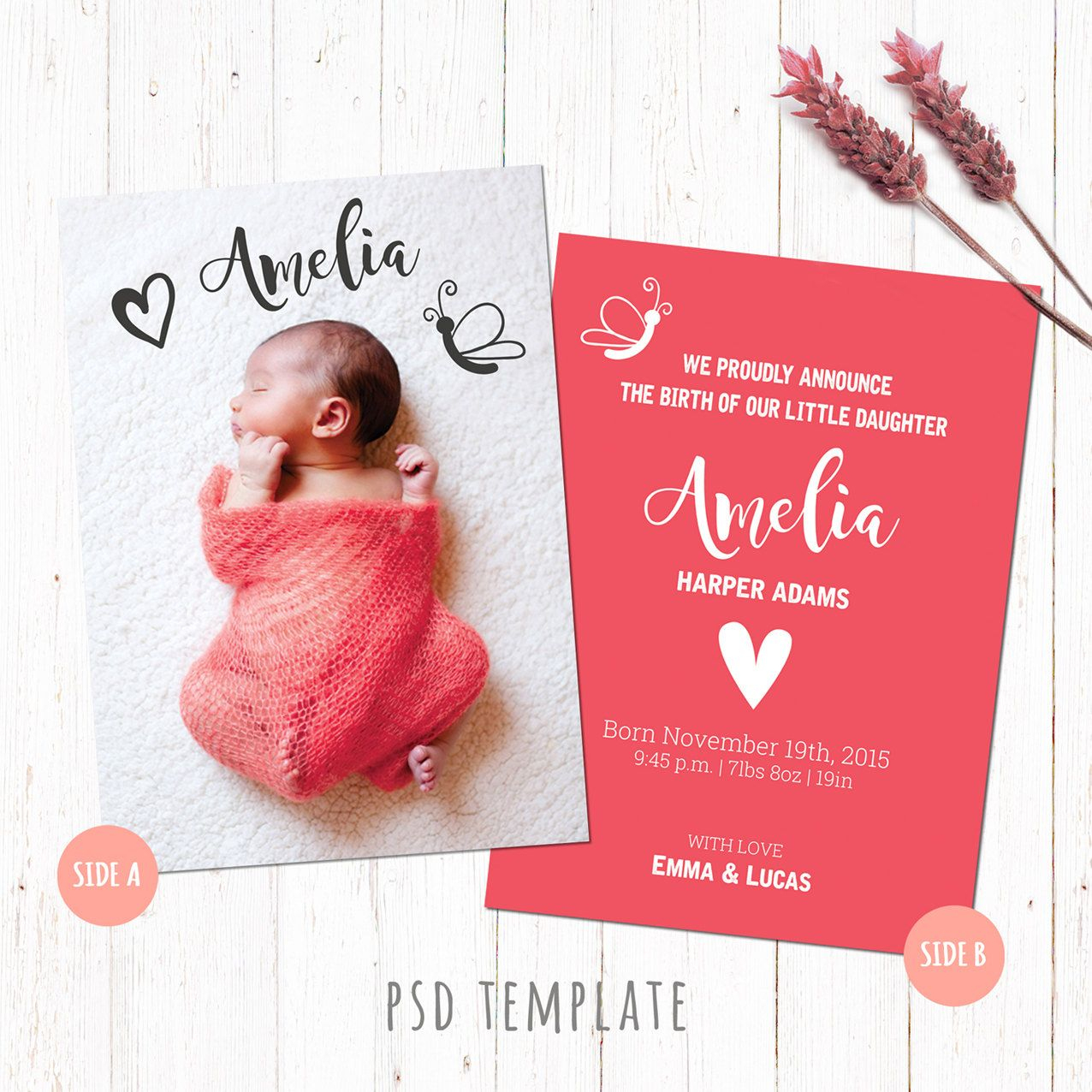 Birth Announcement Template Card. Baby Girl Birth Card. Newborn Card - Free Printable Baby Birth Announcement Cards