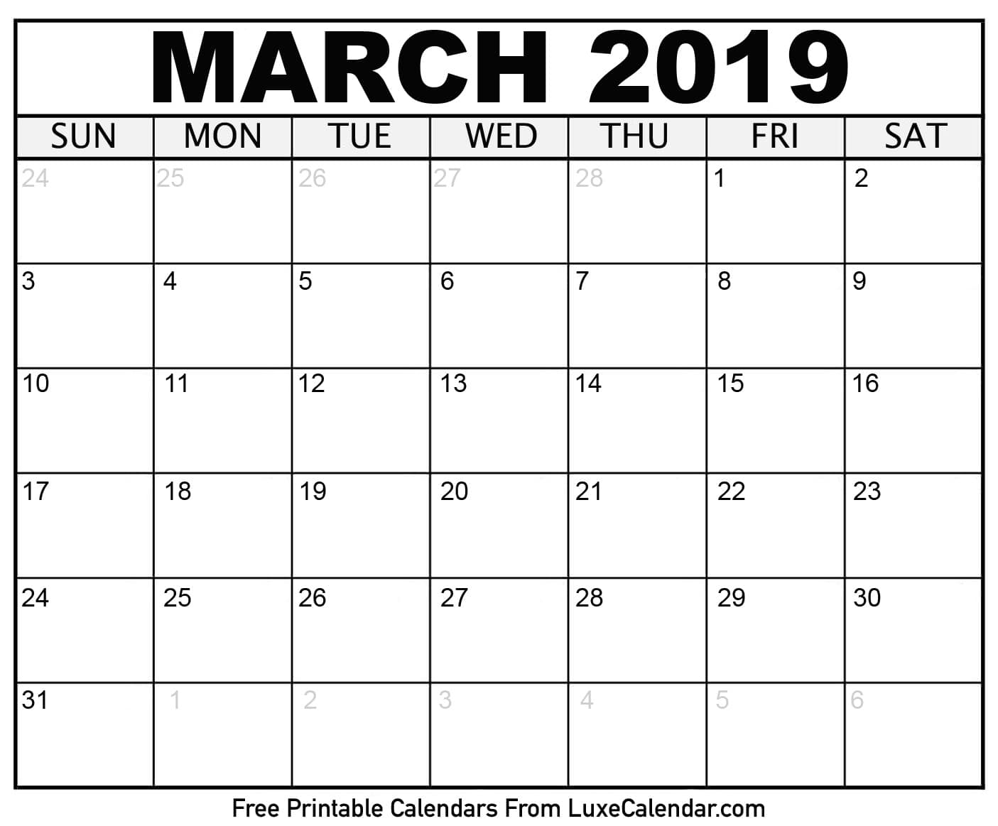 Blank March 2019 Printable Calendar - Luxe Calendar - Free Printable March Activities
