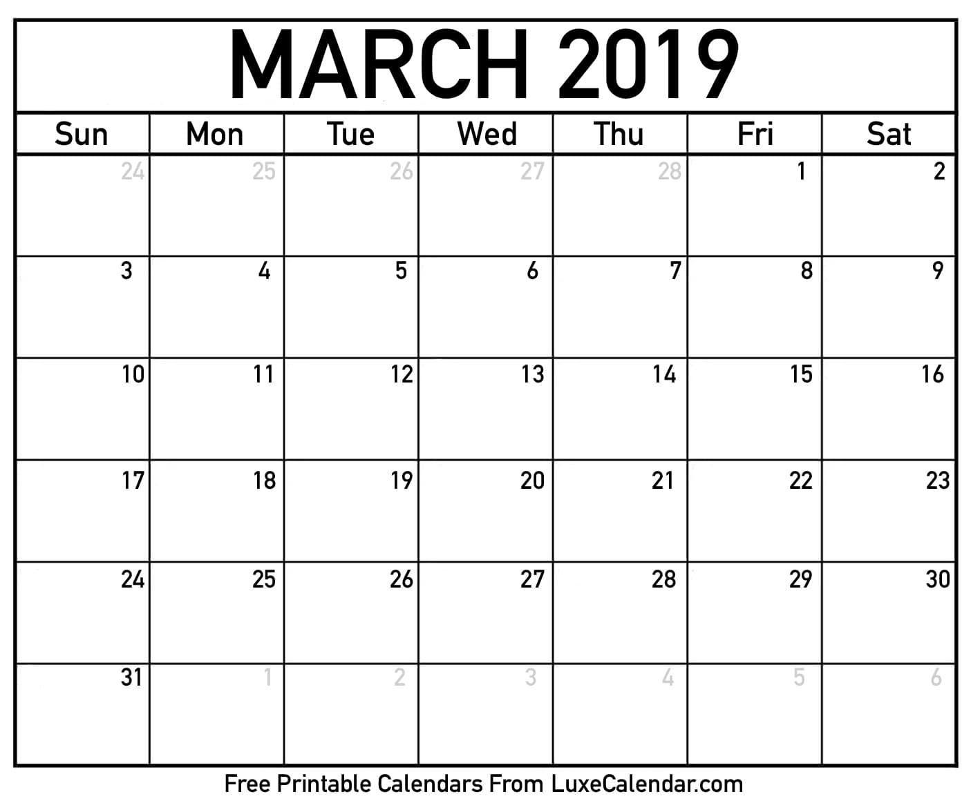 Blank March 2019 Printable Calendar - Luxe Calendar - Free Printable March Activities