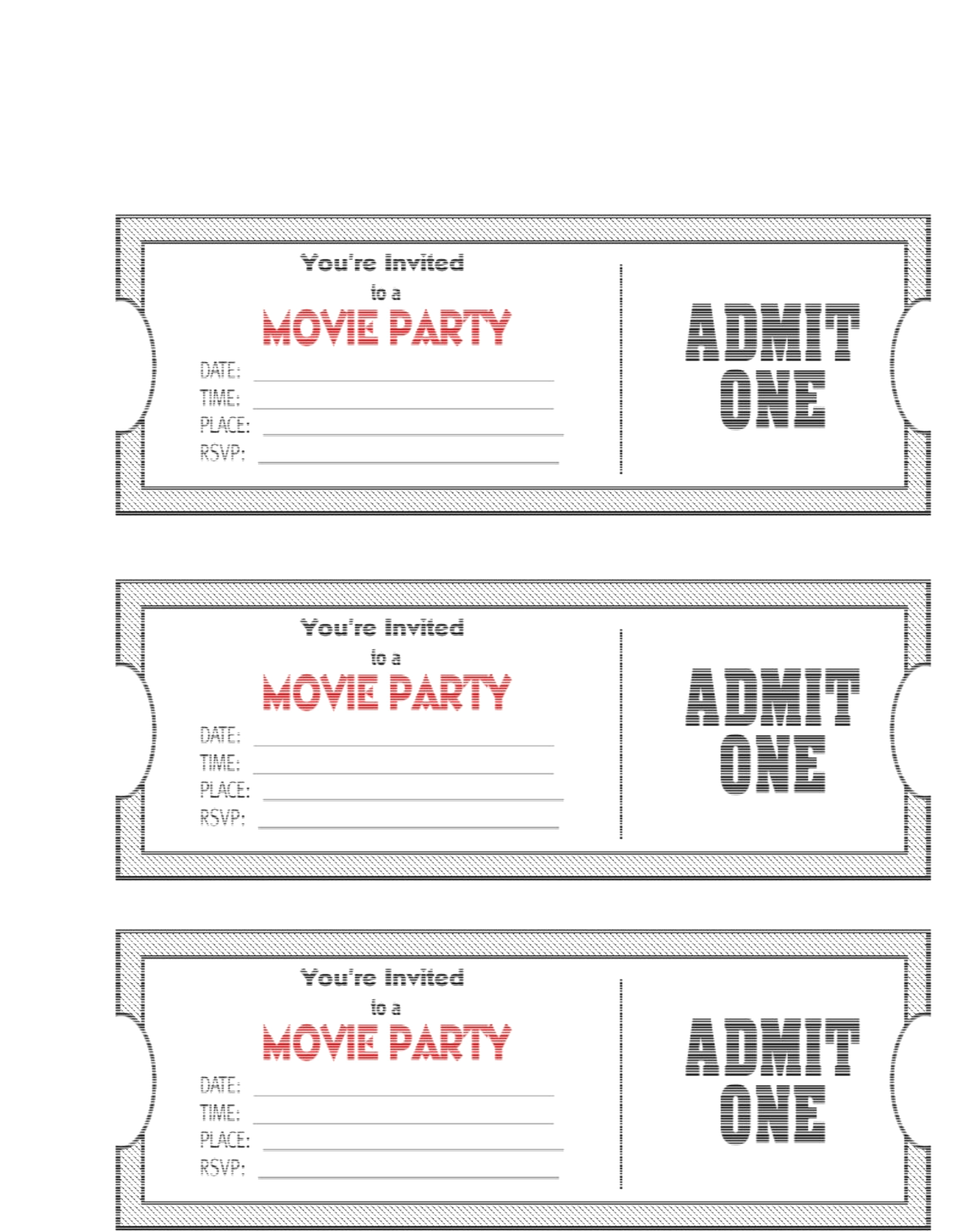 Blank Movie Ticket Invitation Template | Escort, Place Cards And - Free Printable Movie Themed Invitations