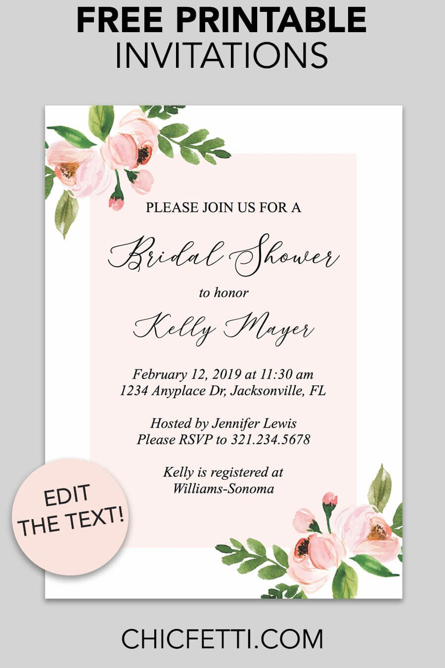 Bridal Shower Printable Invitation (Light Pink Floral | Free - Free Printable Bridal Shower Invitations