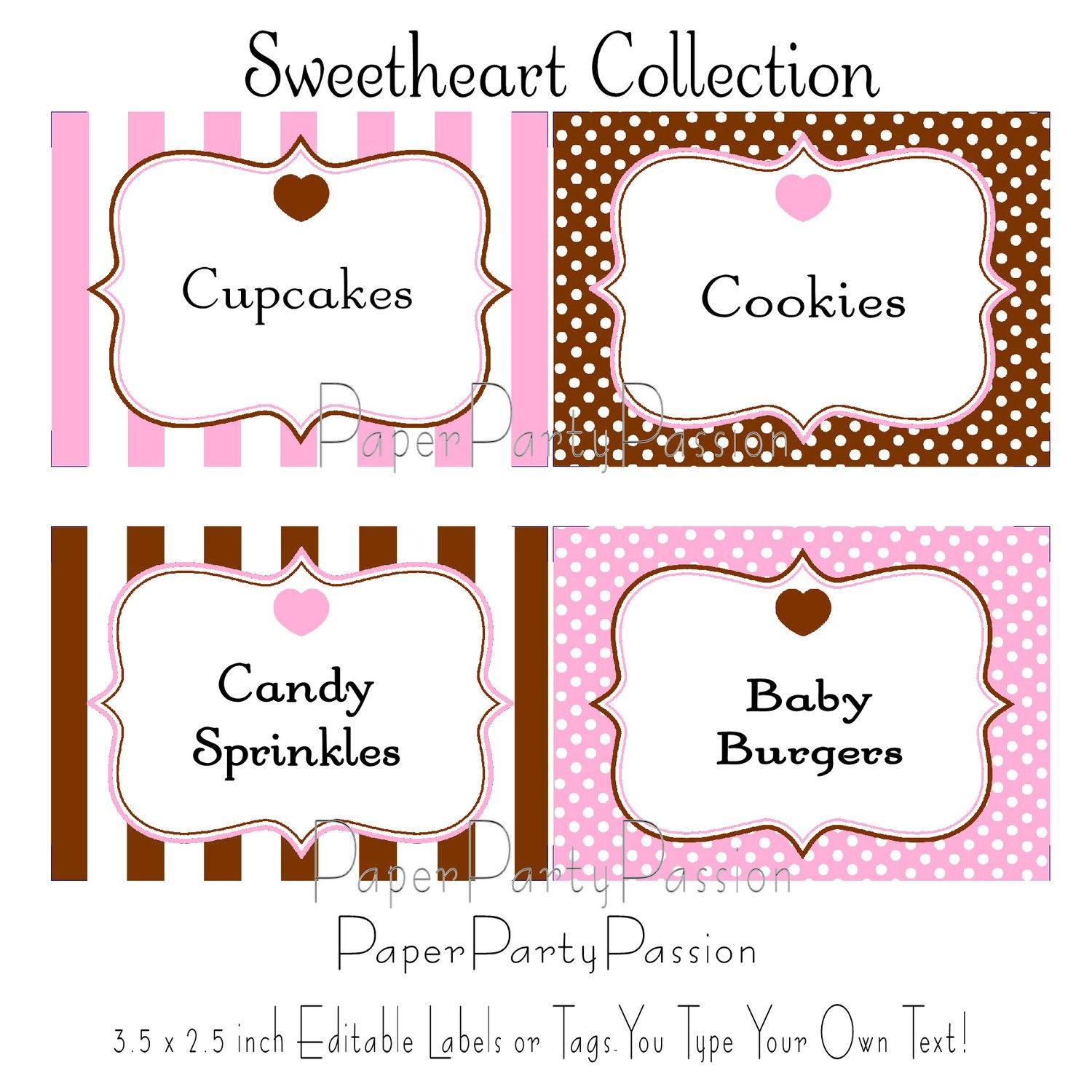 Candy Buffet Printable Editable Party Labels Or Tags Pink And Brown - Free Printable Food Tags For Buffet
