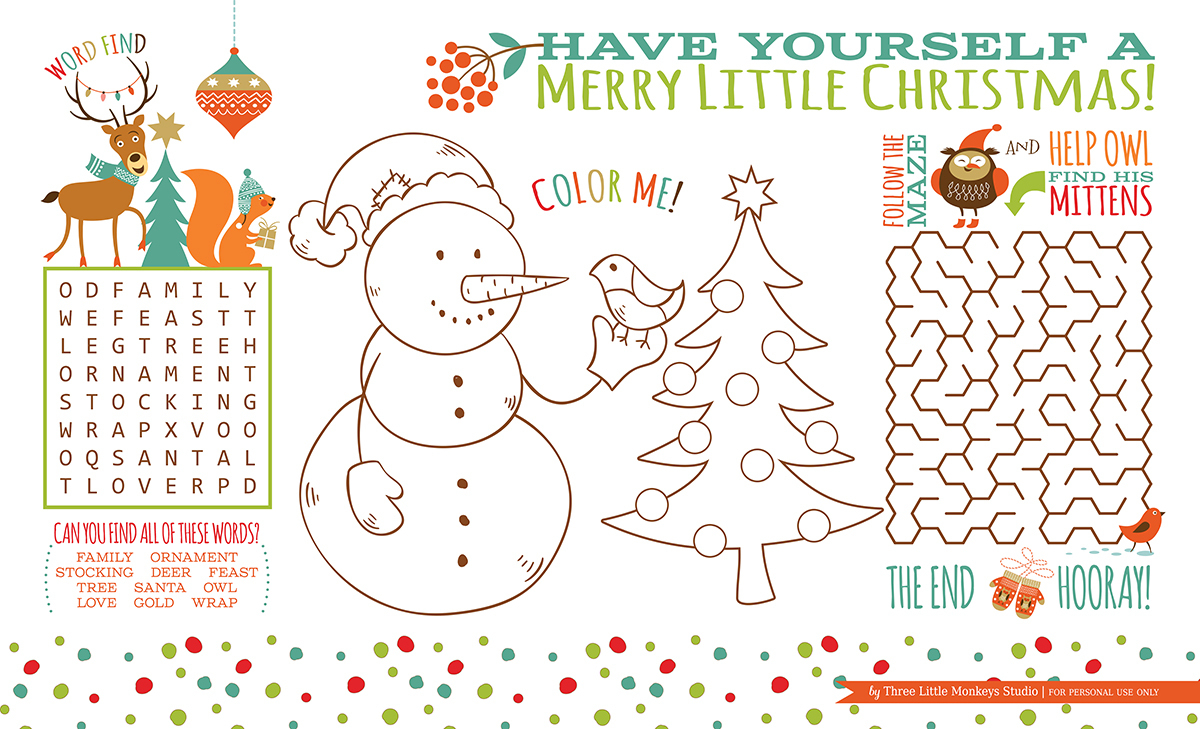 Christmas Activity Placemat (Free Printable} - Three Little Monkeys - Free Printable Christmas Activities