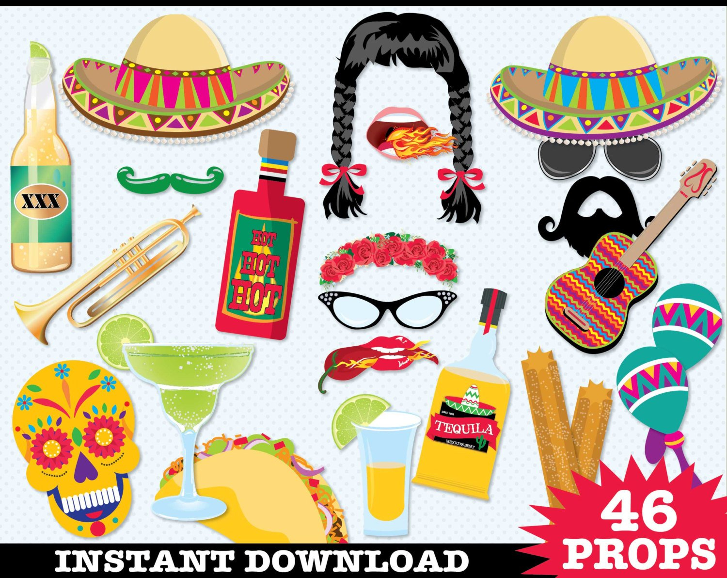 Cinco De Mayo Photo Booth Props - Fiesta, Mexican Holiday, Includes4 - Free Photo Booth Props Printable Pdf