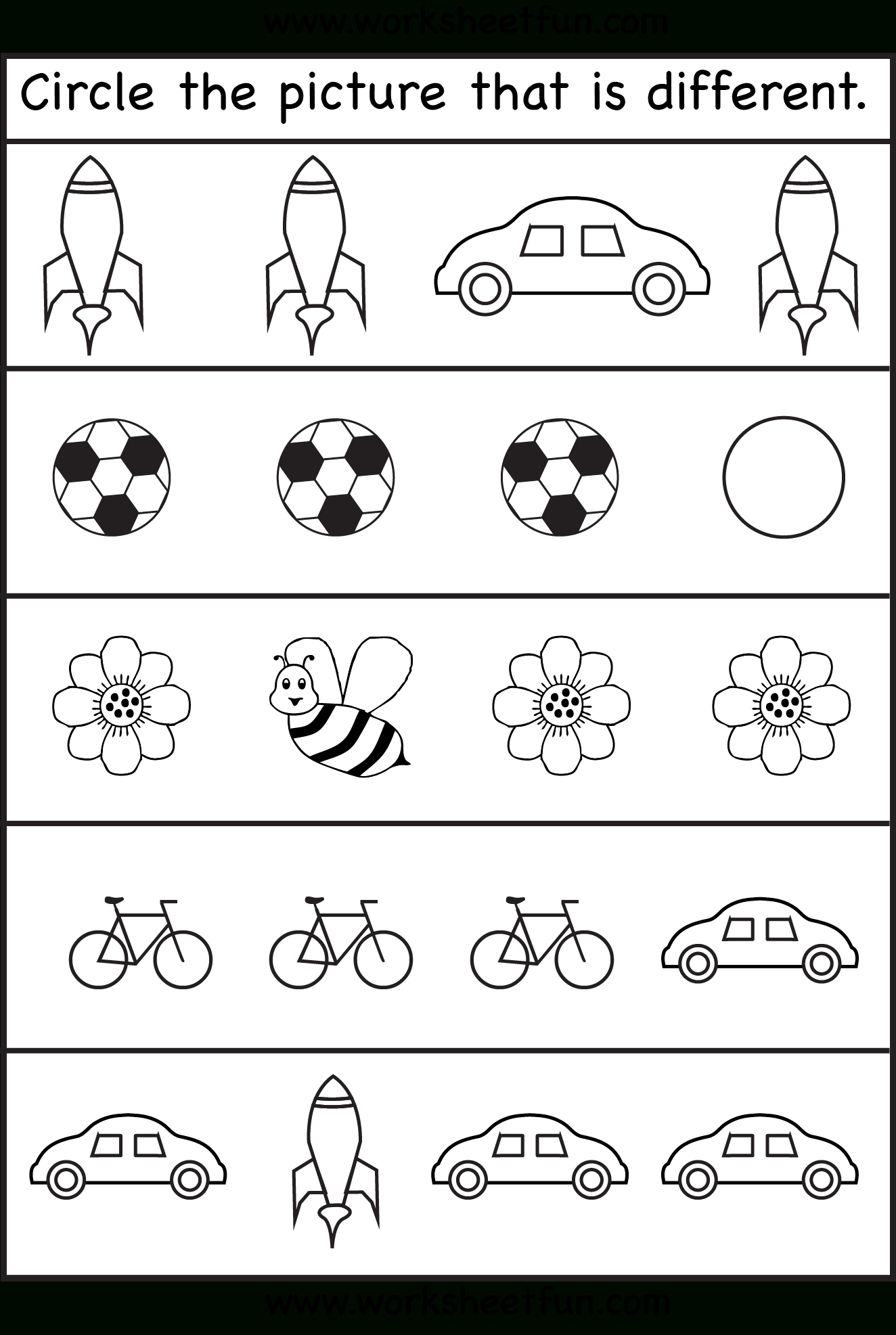 Circle The Picture That Is Different - 4 Worksheets | Preschool Work - Free Printable Activity Sheets For Kids
