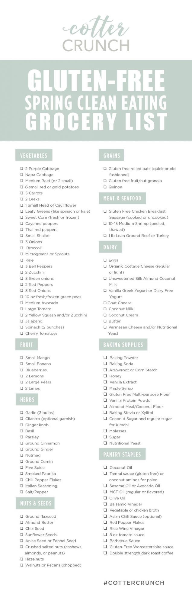 Clean Eating Gluten Free Meal Plan For Spring | Cotter Crunch - Gluten Free Food List Printable