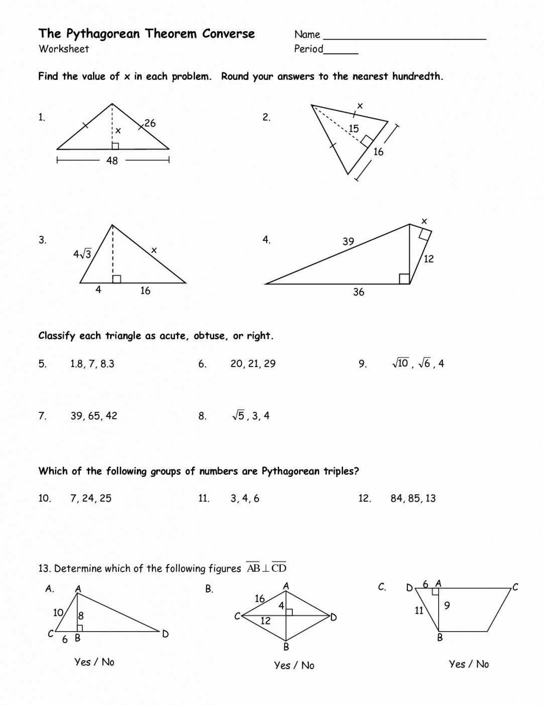 Converse Of The Pythagorean Theorem Worksheet | Lostranquillos - Free Printable Pythagorean Theorem Worksheets