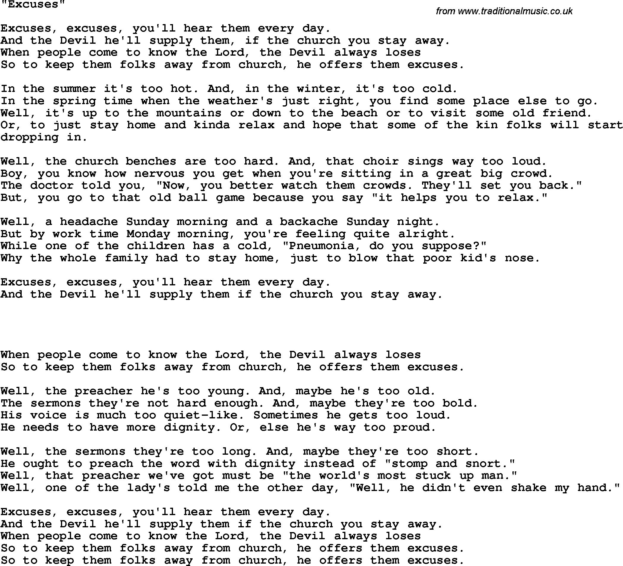 Country, Southern And Bluegrass Gospel Song Excuses Lyrics - Free Printable Southern Gospel Song Lyrics