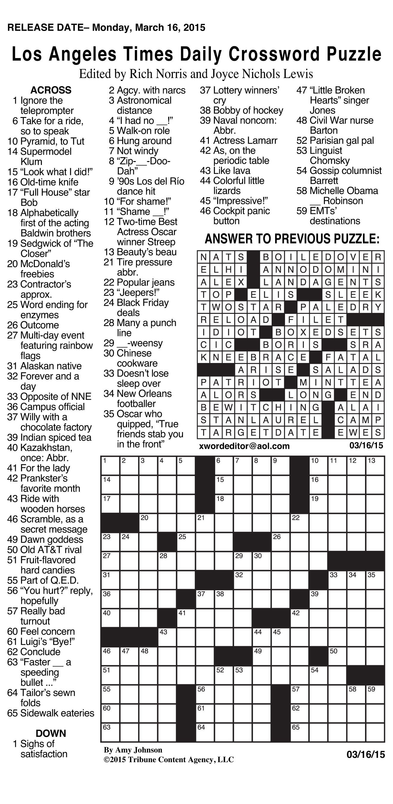 Daily Crossword Puzzle Printable – Jowo - Free La Times Crossword Printable