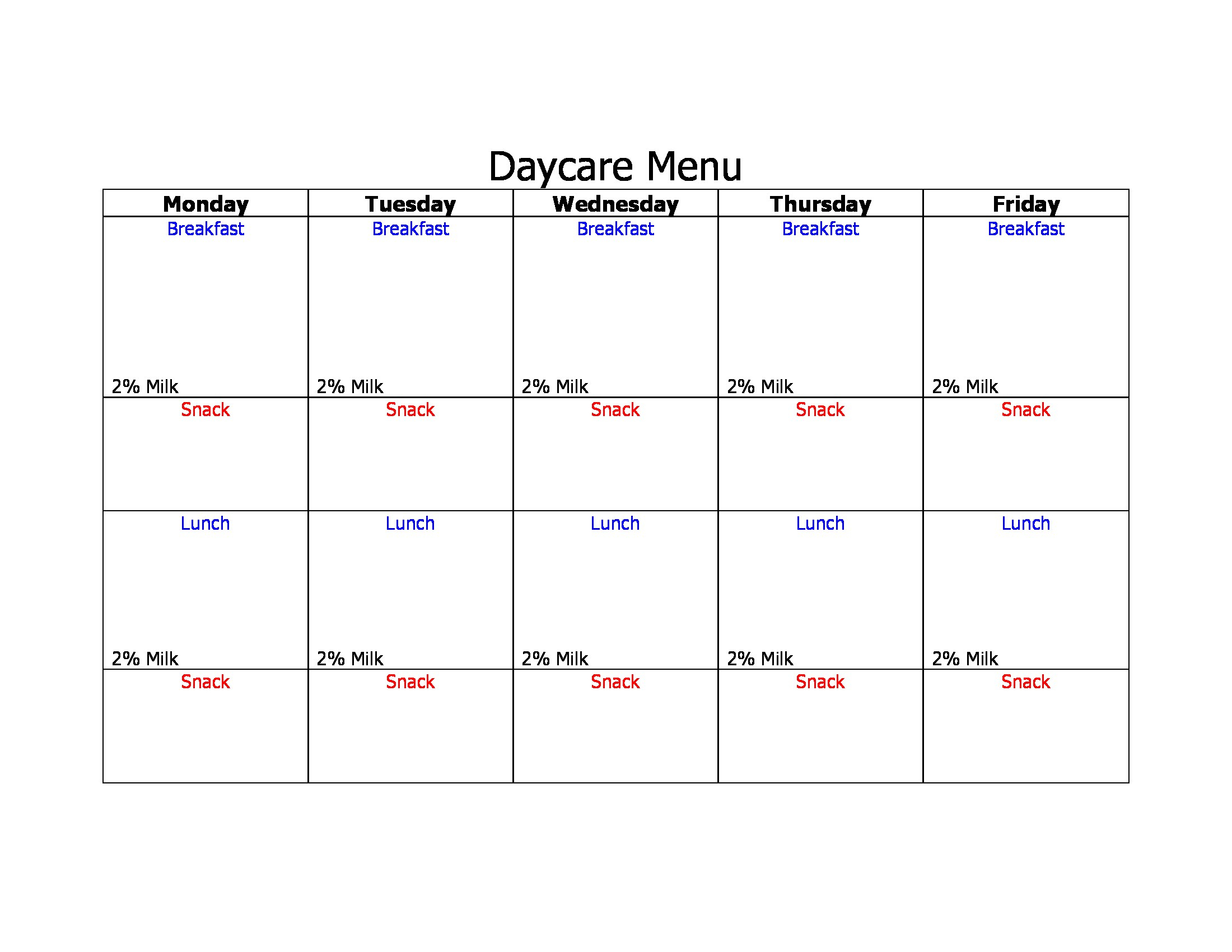 Day Care Blank Menu Forms - Free Printable Daycare Menus