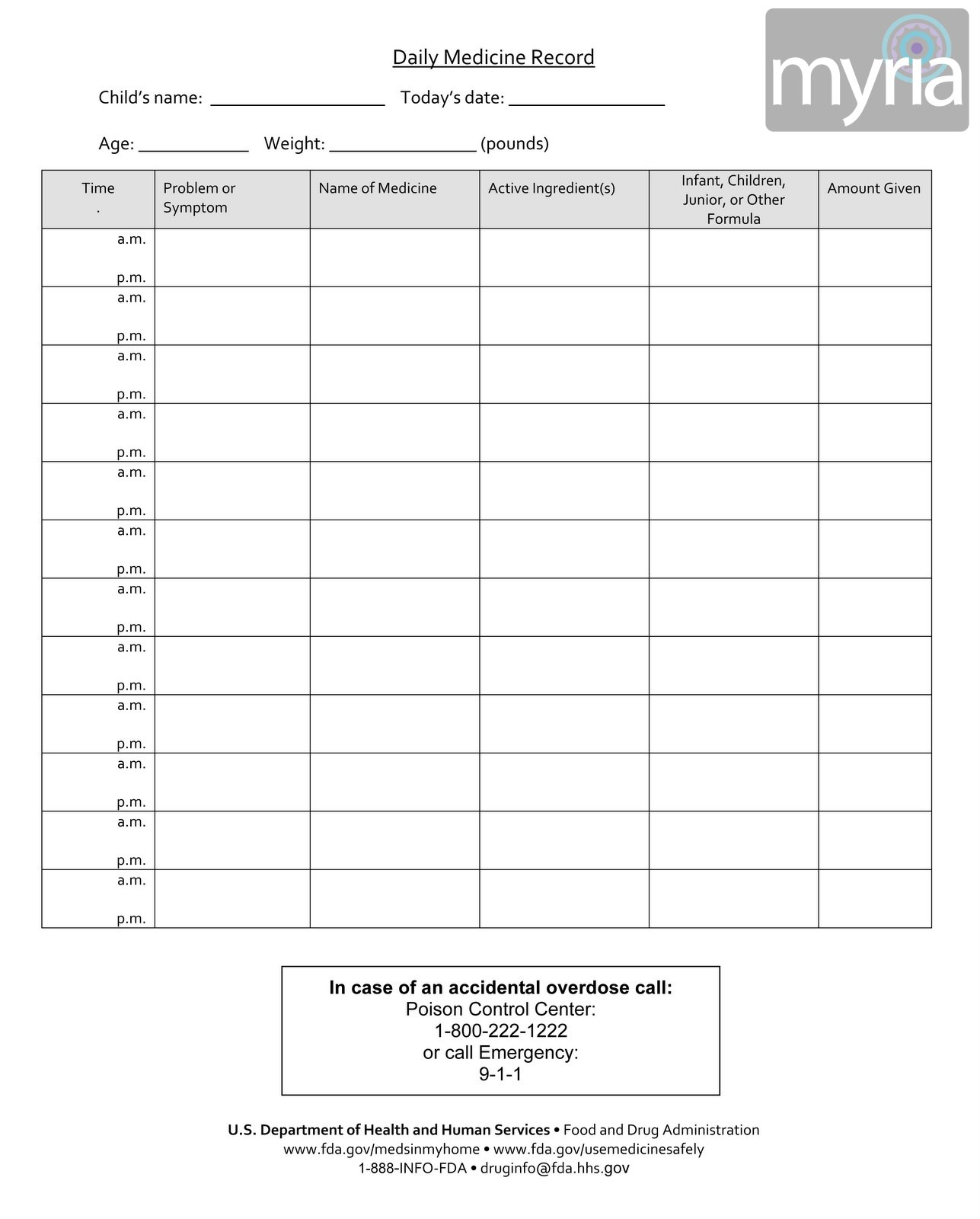 Download &amp;amp; Print A Free Daily Medicine Record Sheet - Myria - Free Printable Medication Log Sheet