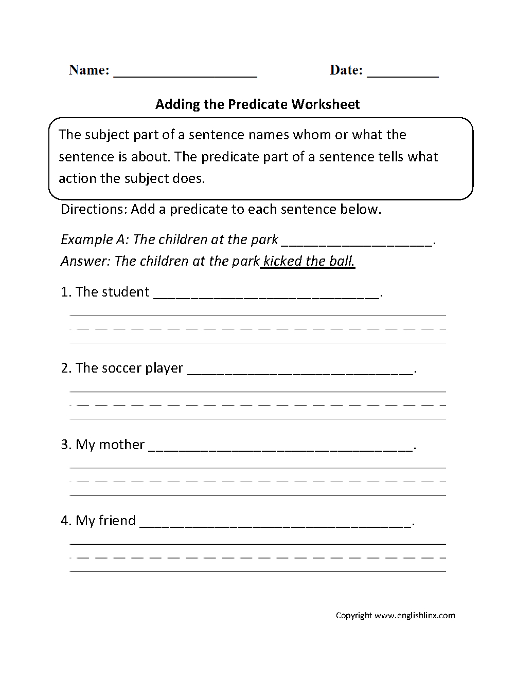 Englishlinx | Subject And Predicate Worksheets - Free Printable Subject Predicate Worksheets 2Nd Grade