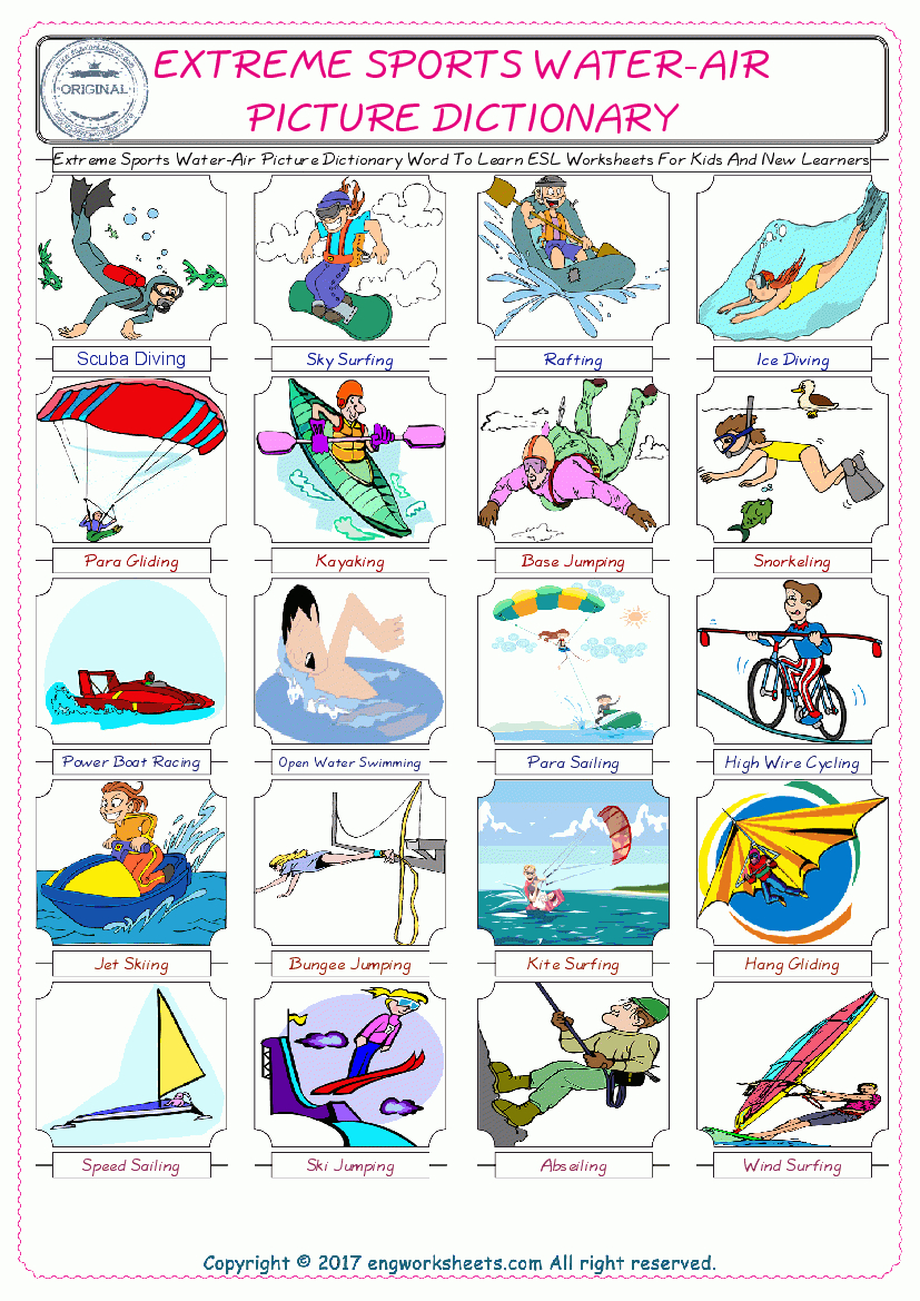 Extreme Sports Water-Air - Free Esl, Efl Worksheets Madeteachers - Free Printable Picture Dictionary For Kids