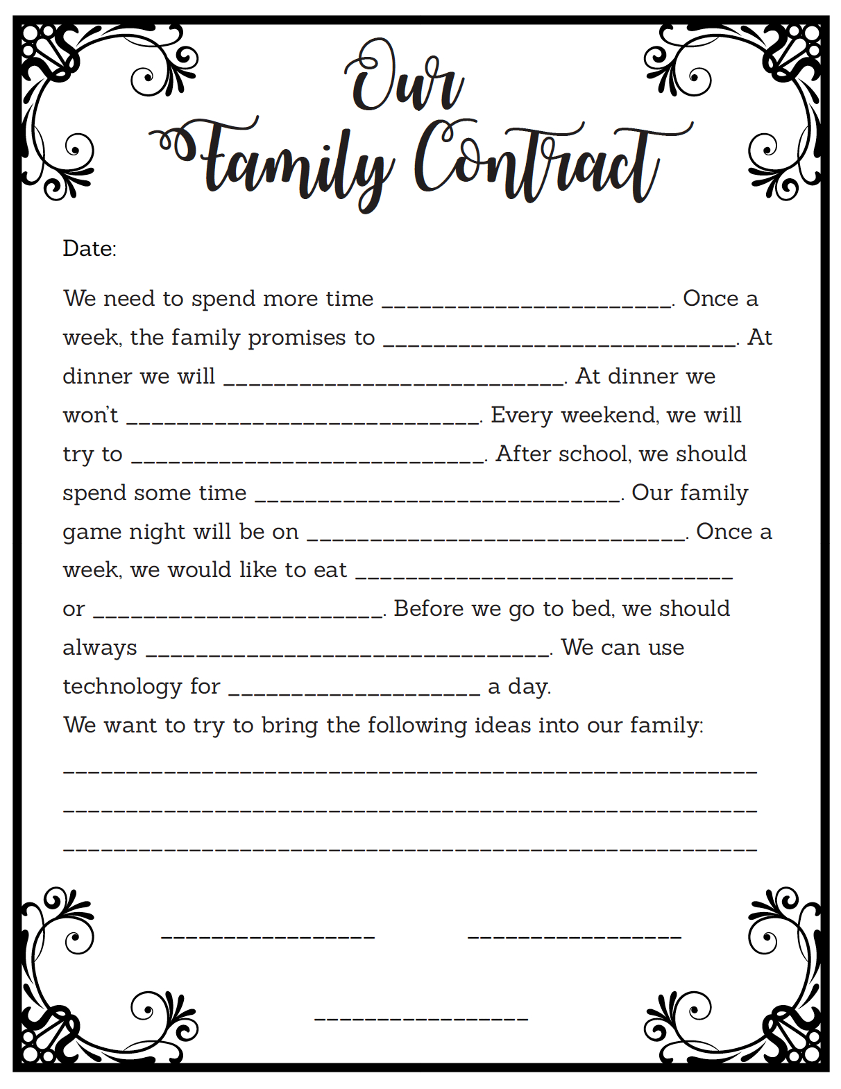 Family Contract Free Printable: Fill In The Blank Contract For Kids - Free Printable Contracts