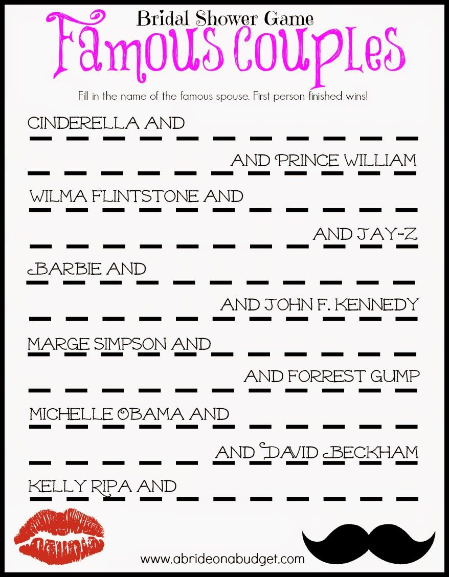 Famous Couples Bridal Shower Game (Free Printable) | Frugal And - Free Printable Bridal Shower Games