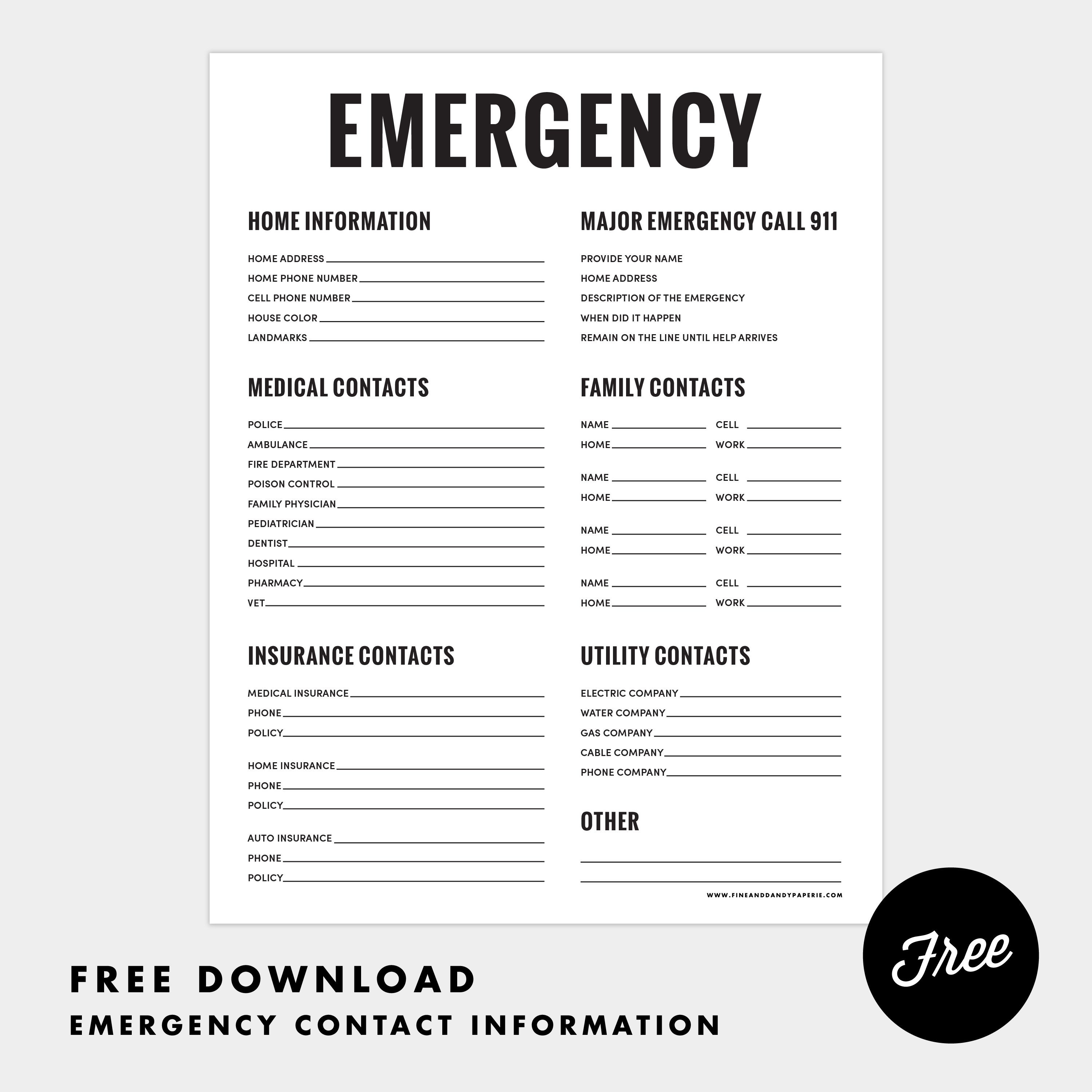 Free Printable Form To Record Emergency Phone Numbers