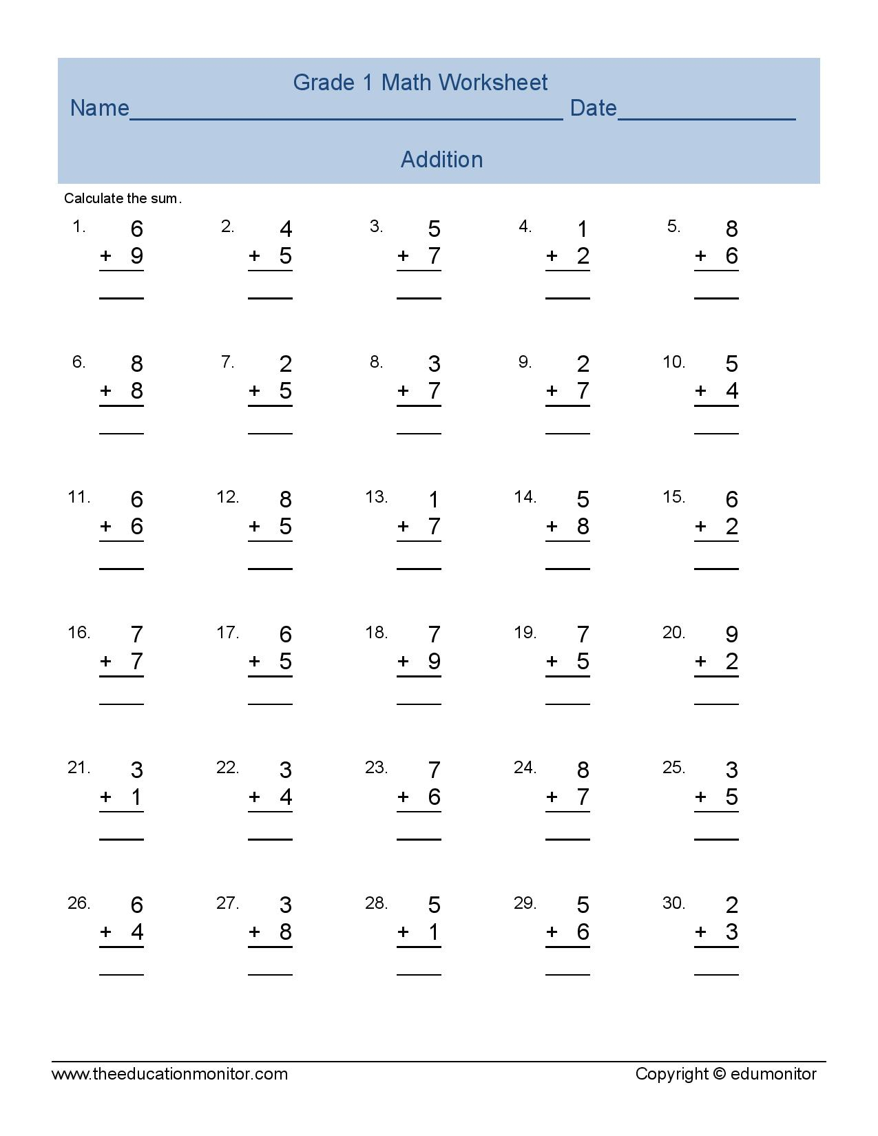 First Grade Addition Math Worksheets For All Kids, More Intended For - Free Printable First Grade Math Worksheets