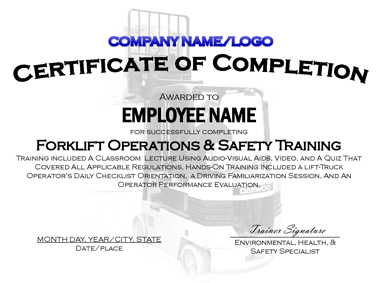 Printable Forklift Certification Card Template Free