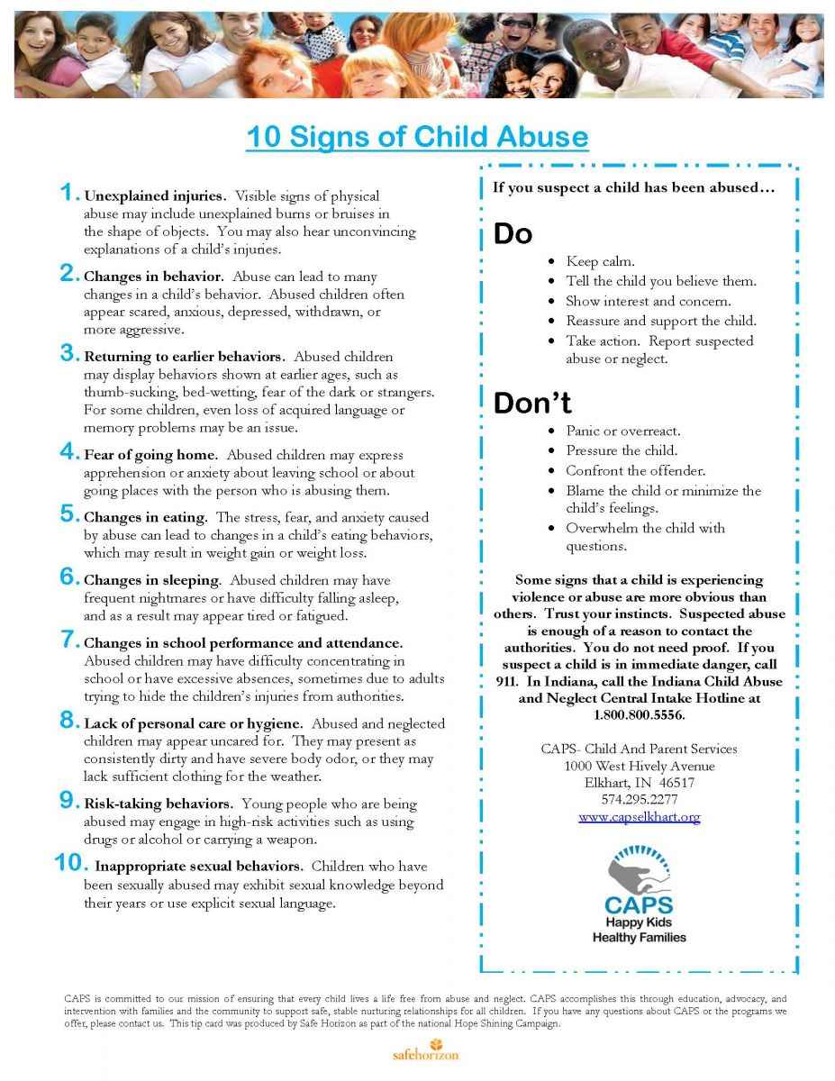 Free 10 Signs Of Child Abuse Handout | Child And Parent Services - Free Printable Patient Education Handouts