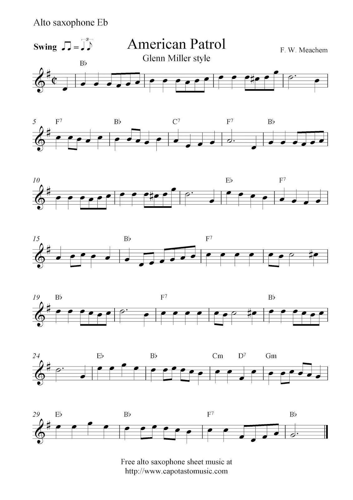 Free Alto Saxophone Sheet Music, American Patrol - Free Printable Alto Saxophone Sheet Music