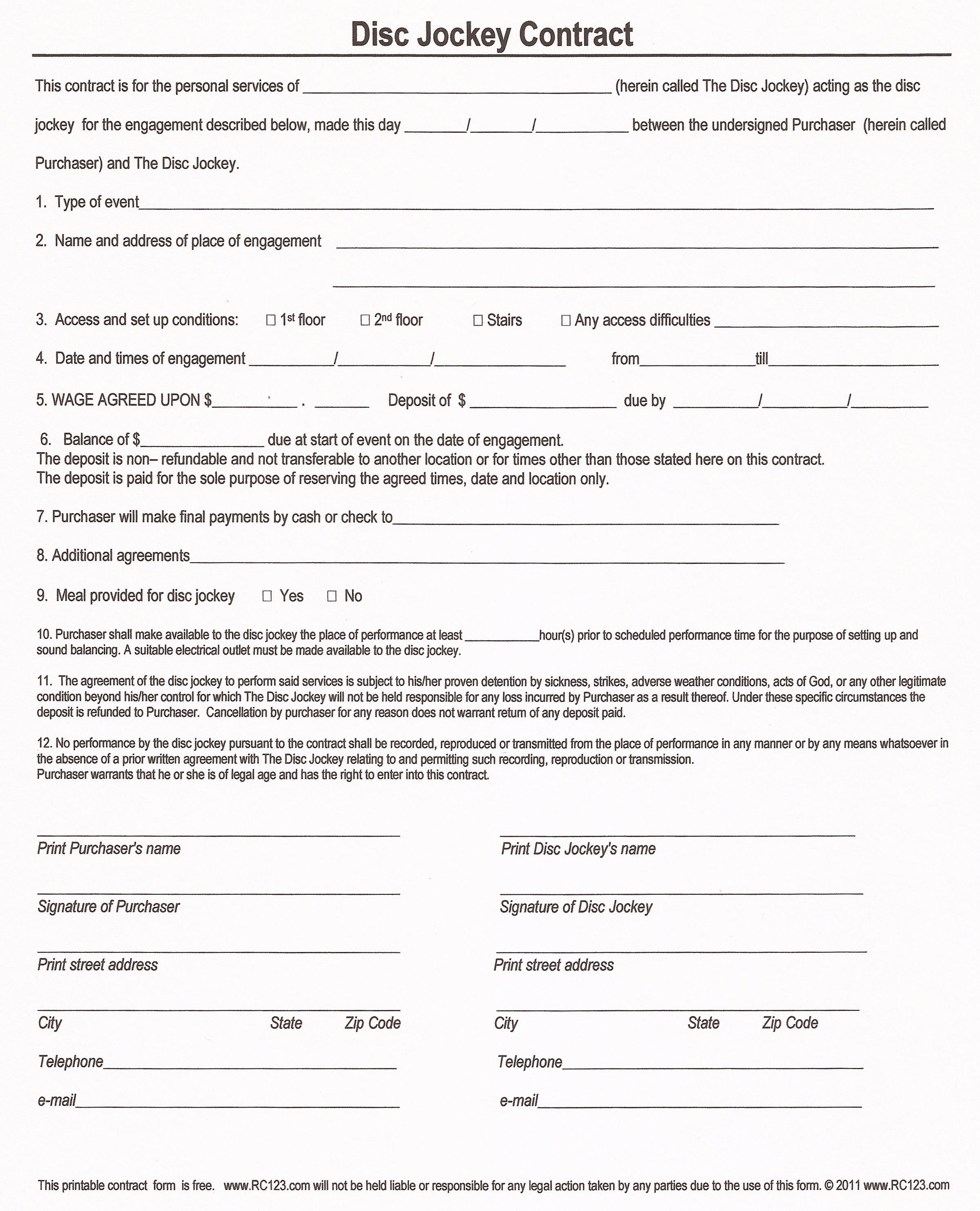 Free And Printable Disc Jockey Contract Form - Rc123 - Free Printable Contracts