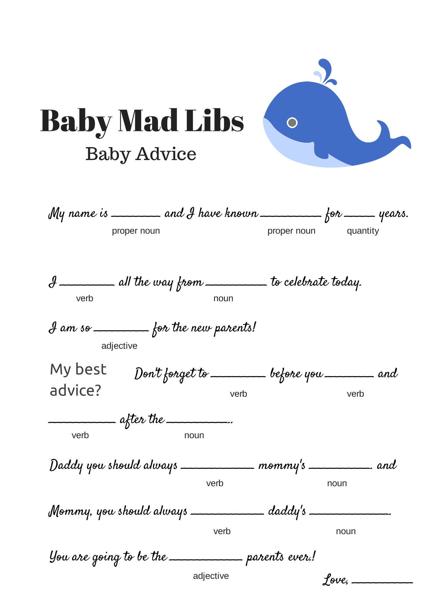 Free Baby Mad Libs Game - Baby Advice - Baby Shower Ideas - Themes - Free Printable Baby Shower Games For Twins