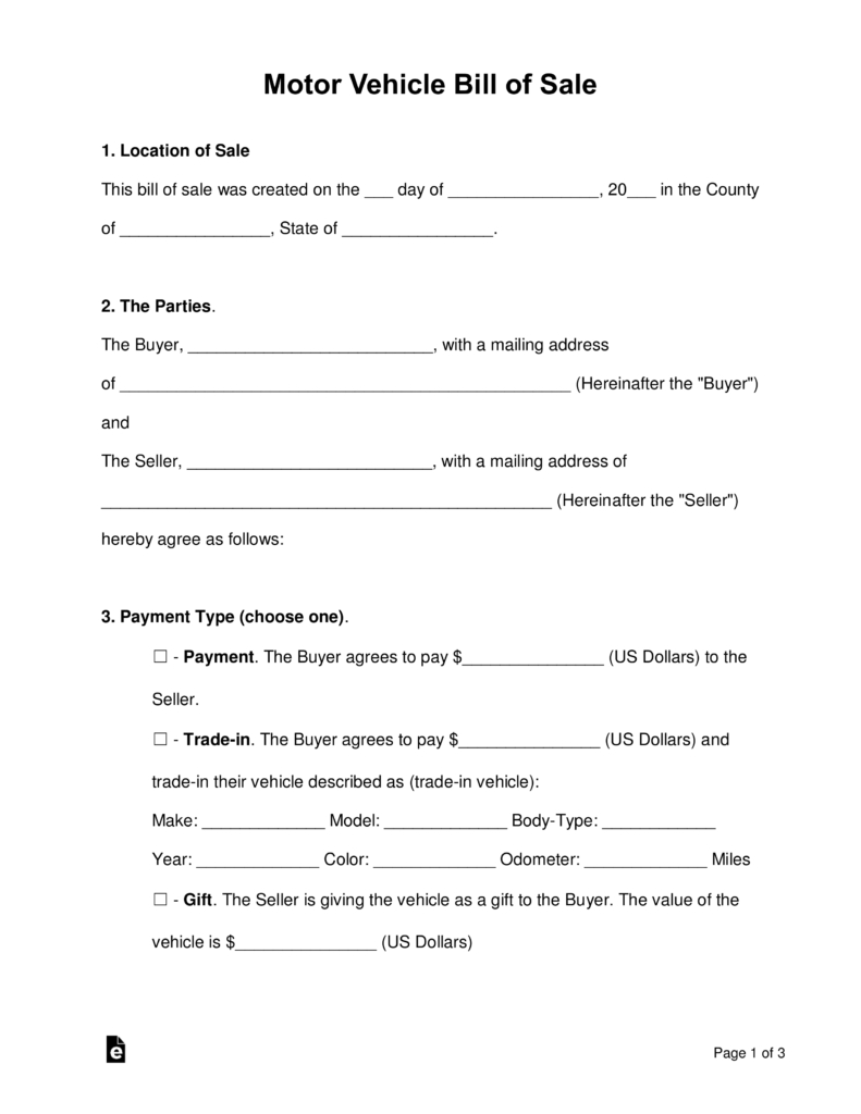 Free Bill Of Sale Forms - Pdf | Word | Eforms – Free Fillable Forms - Free Printable Bill Of Sale For Car