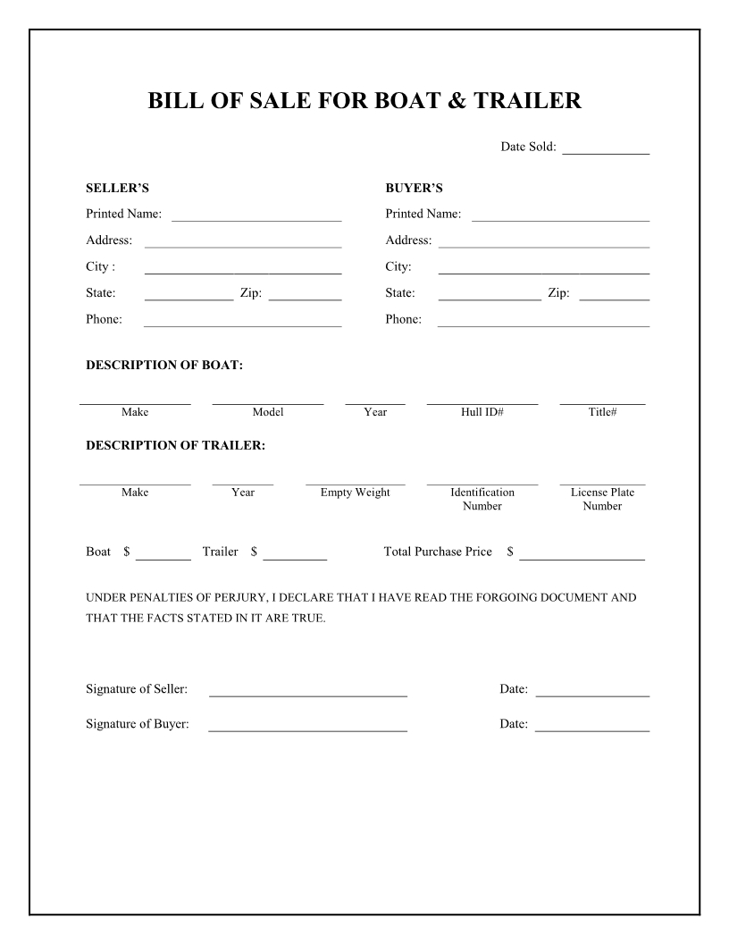 Free Boat &amp;amp; Trailer Bill Of Sale Form - Download Pdf | Word - Free Printable Bill Of Sale For Trailer