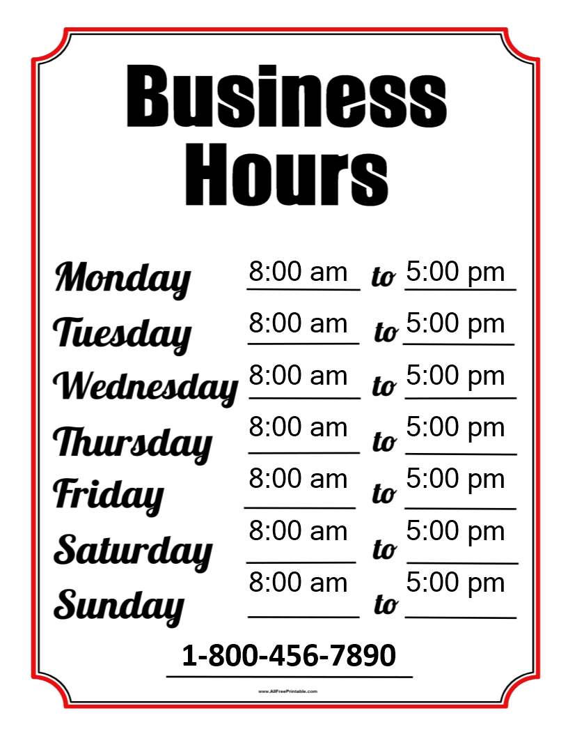 Free Printable Business Hours Sign Free Printable
