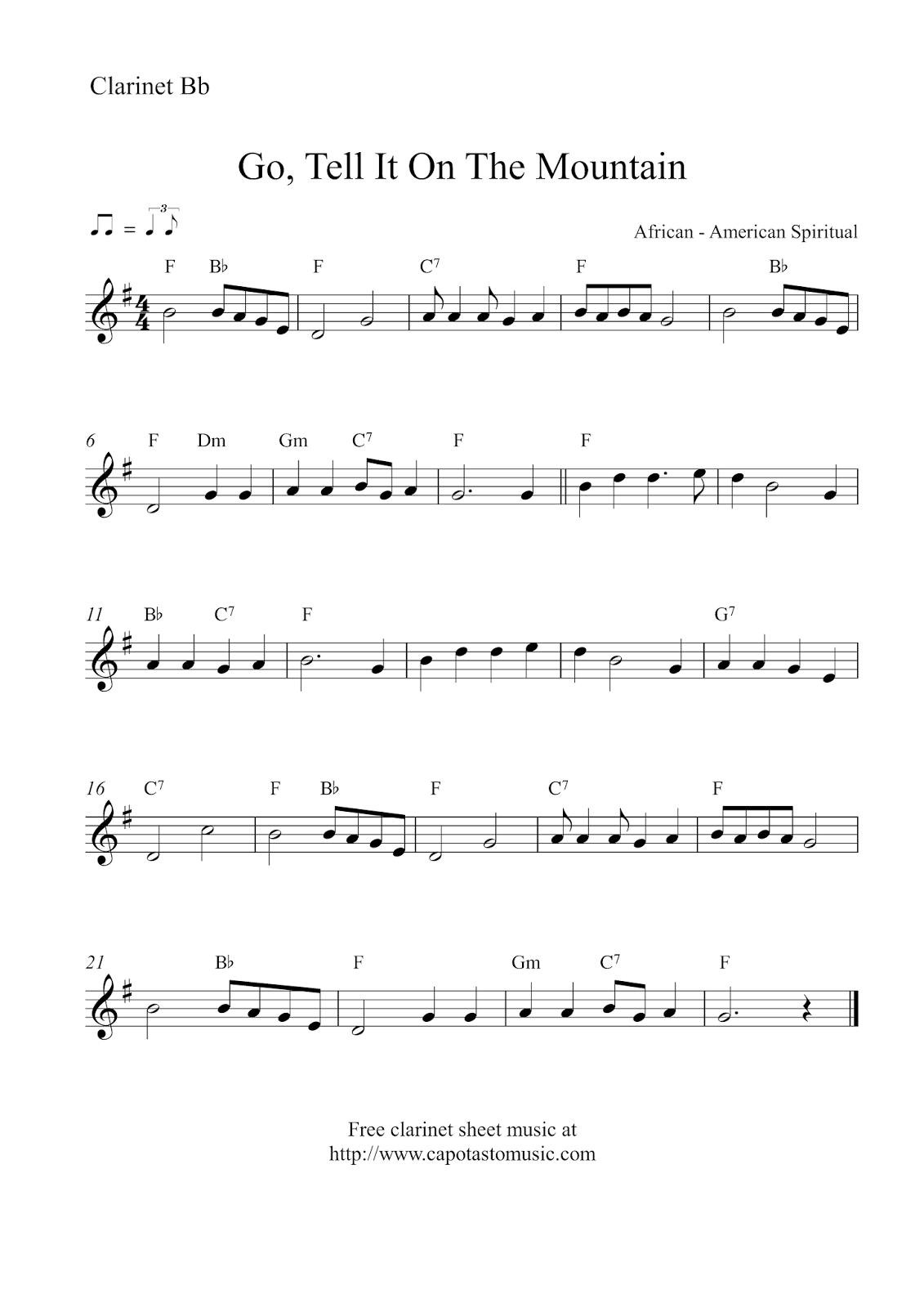 Free Christmas Clarinet Sheet Music - Go, Tell It On The Mountain - Free Printable Christmas Sheet Music For Clarinet